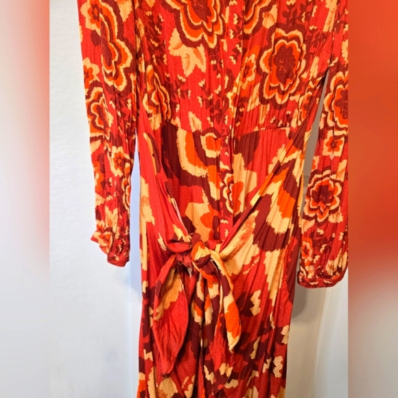 Farm Rio Long-Sleeve V-Neck Floral Midi Red Shirt Dress Size Large - Picture 5 of 7